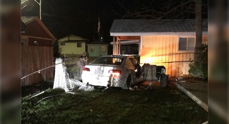 A car slammed into a cottage in Port Stanley, Ont. on Wednesday, Nov. 4, 2020. (Source: Kara Deshaw)