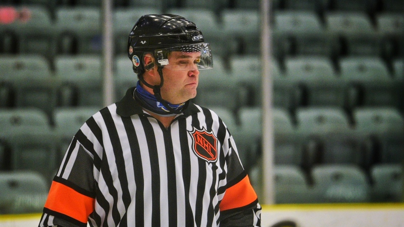 A referee jersey Mick McGeough wore in the NHL is donned by his son, Luke, at an SJHL game in Estevan on Saturday. (Courtesy: Durr Photography)