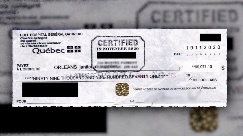 An image of the cheque given to Orleans Janitorial Supplies to pay for an order of personal protective equipment. The company says their bank told them the cheque was a fake. (Photo courtesy of Orleans Janitorial Supplies)