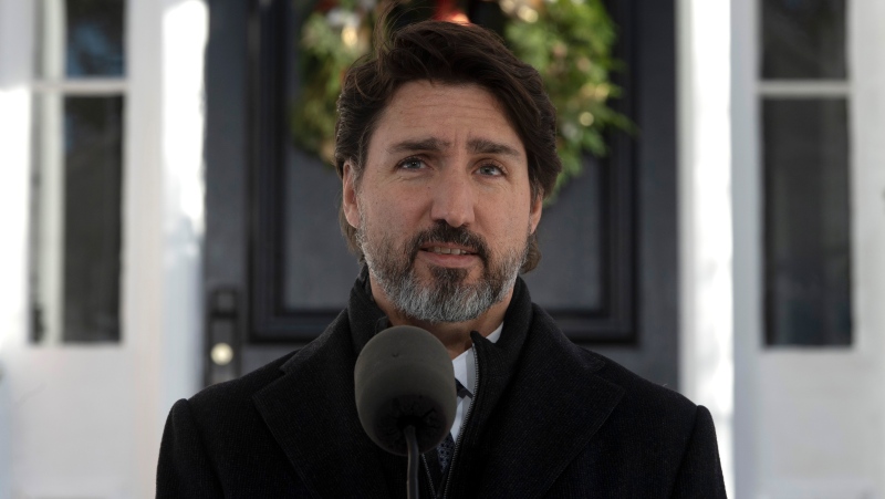 Prime Minister Justin Trudeau makes his opening remarks during a news conference outside Rideau cottage in Ottawa, Tuesday November 24, 2020. THE CANADIAN PRESS/Adrian Wyld
