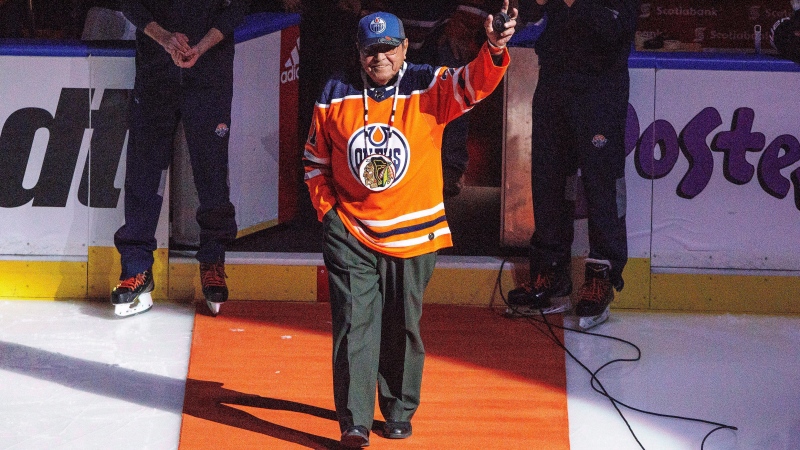 Former Chicago Blackhawks player, and the first Indigenous pro hockey player, Fred Sasakamoose is honoured at the Edmonton Oilers and Chicago Blackhawks game in Edmonton on December 29, 2017. THE CANADIAN PRESS/Jason Franson