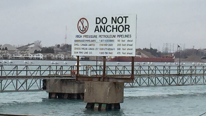 A Line 5 pipeline sign is seen in Sarnia, Ont. on Friday, Nov. 27, 2020. (Bryan Bicknell / CTV News)