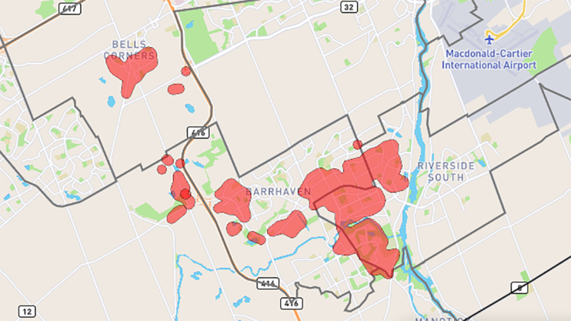 More than 8,000 Hydro Ottawa customers lose power in Barrhaven, Bells Corners on Tuesday, Dec. 1, 2020. (Outages Centre/hydroottawa.com)
