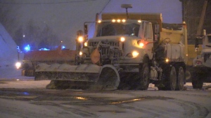 A snow plow prepares to clear roads in Barrie, Ont. (CTV News Barrie)