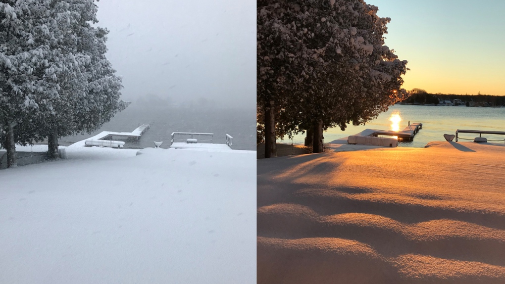 Snow on a dock before and after