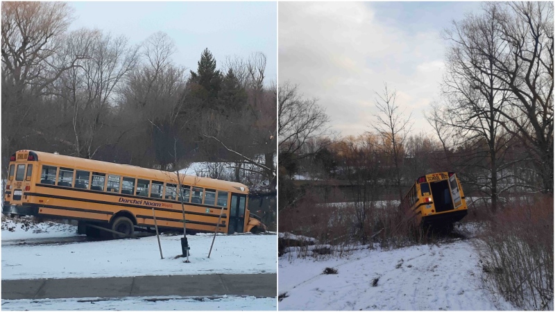 Two empty school buses were found partially submerged in ponds in Vaughan, Ont. Thursday. (York Regional Police)