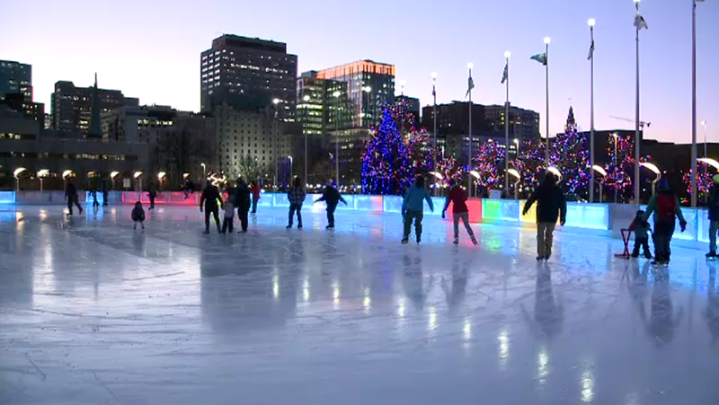Skaters on the Rink of Dreams at Ottawa City Hall on Monday, Dec. 7, 2020.