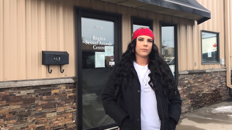 Alexis Kolody stands in front of Regina Sexual Assault Centre. (Stefanie Davis/CTV News) 