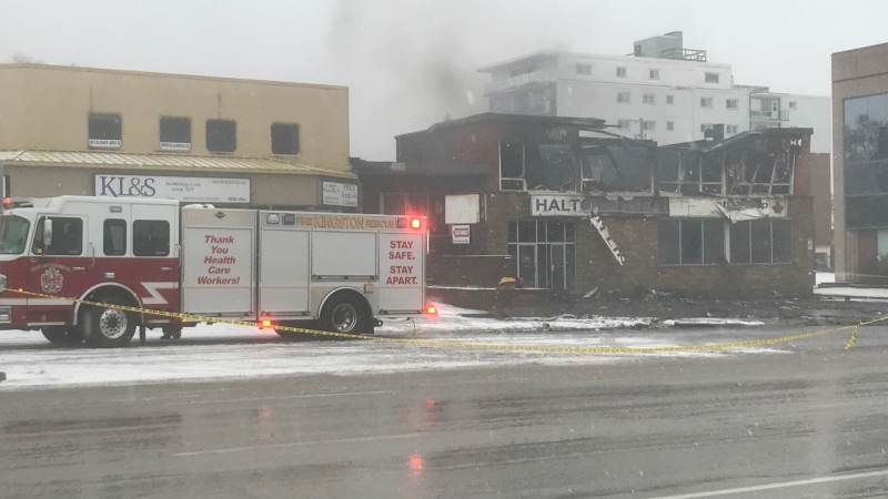 The remains of a building on Bath Road in Kingston after a major fire broke out Tuesday night. No injuries have been reported. (Kimberley Johnson / CTV News Ottawa)