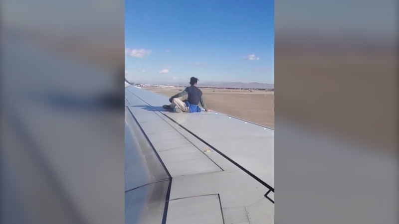 A man was taken into custody after he climbed onto the wing of an Alaska Airlines plane at the Las Vegas airport Saturday, an airport spokesman said.