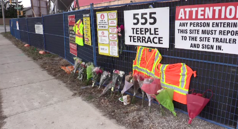 A memorial at 555 Teeple Terrace, where part of a building under construction collapsed, is seen in London, Ont. on Monday, Dec. 14, 2020. (Brent Lale / CTV News)