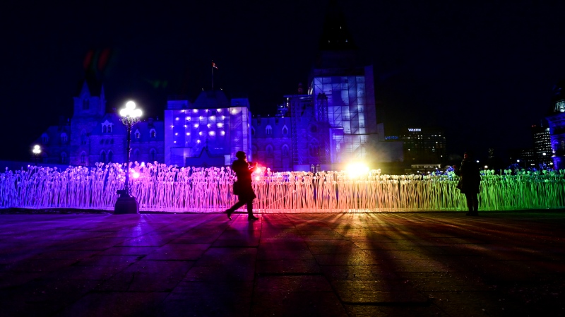 People check out a contemporary installation titled Entry Les Rangs on Parliament Hill in Ottawa on Tuesday, Dec. 15, 2020. The art work is said to be a reinterpretation of the agricultural history of Quebec's wheat fields. (Sean Kilpatrick/THE CANADIAN PRESS)