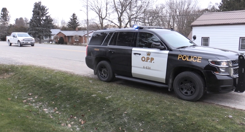 OPP work at the scene of a vehicle and pedestrian crash in Thamesford, Ont. on Wednesday, Dec. 16, 2020. (Sean Irvine / CTV News)