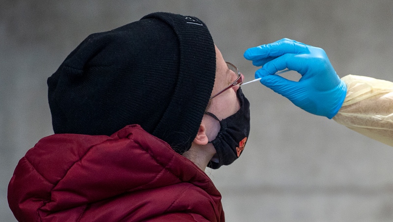 A swab is taken at a pop-up COVID-19 testing site on the Dalhousie University campus in Halifax on Wednesday, Nov. 25, 2020. (THE CANADIAN PRESS/Andrew Vaughan)