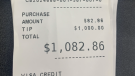 A receipt shows customers left a server in Innisfil a $1,000 tip on Sun., Dec. 13, 2020. (Lexy Benedict/CTV News)
