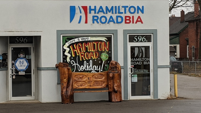 A new carved bench is seen outside the Hamilton Road BIA in London, Ont. on Sunday, Dec. 20, 2020. (Source: Dave Broostad)