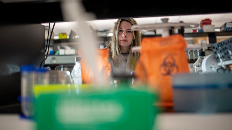 Alyson Kelvin, who is working on different coronavirus solutions, stands for a photo at her University of Saskatchewan lab inside VIDO-InterVac in Saskatoon, Friday, March 13, 2020. (THE CANADIAN PRESS / Liam Richards)