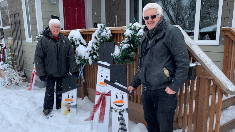 One Winnipeg couple is turning pallets into snowmen with the intention of giving back to the community. (Source: Jamie Dowsett/ CTV News Winnipeg)
