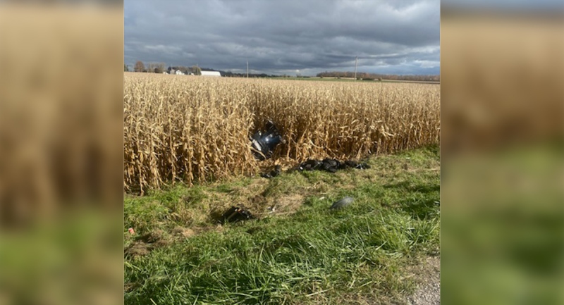 A motorcycle sits in a cornfield along Airport Line near Exeter, Ont. on Saturday, Oct. 24, 2020. (Source: OPP)