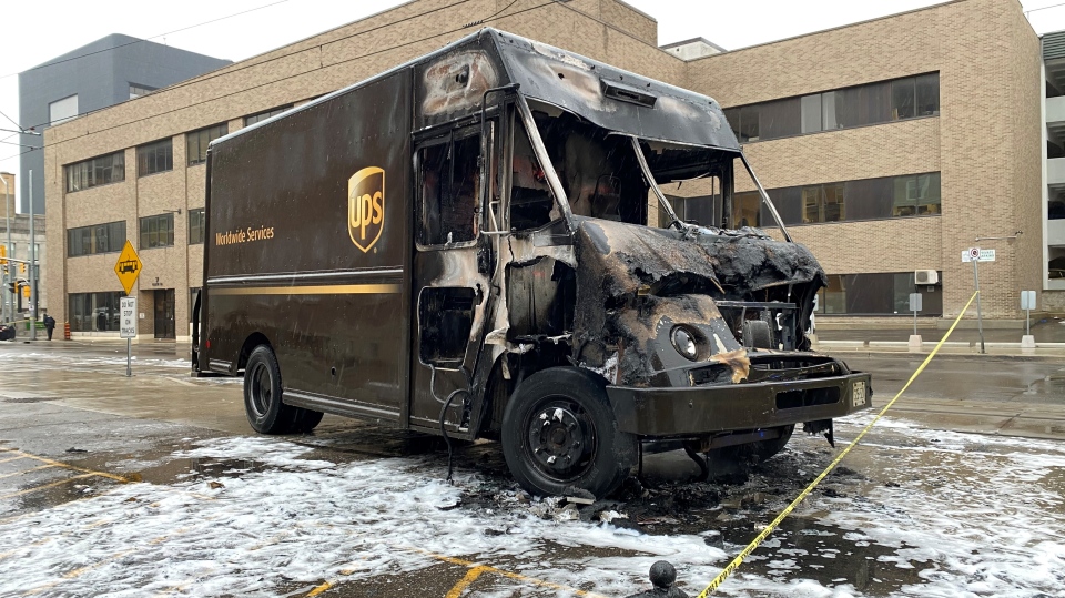 UPS truck damaged by fire