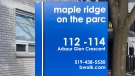 A sign for the Maple Ridge on the Parc apartment complex on Arbor Glen Crescent in London, Ont. is seen Tuesday, Dec. 29, 2020. (Jim Knight / CTV News)