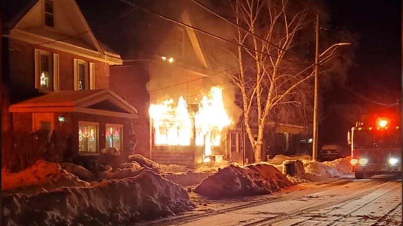 A house erupts in flames in Midland, Ont., on Mon., Dec. 28, 2020. (Photo cred: Rob Cowan)