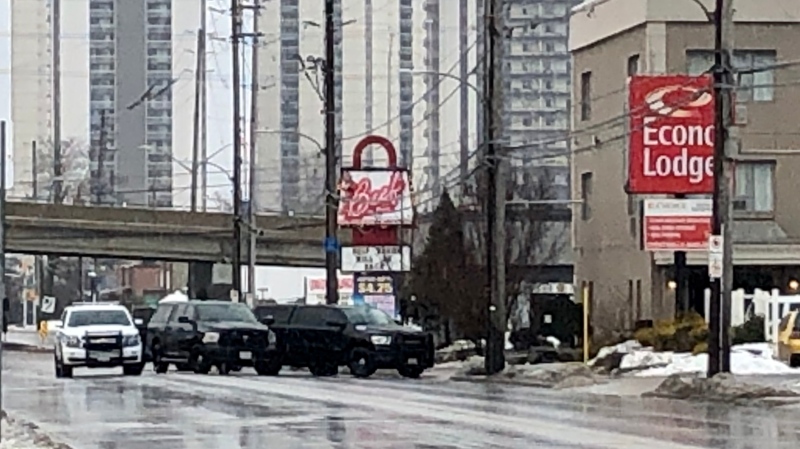 Police cruisers block York Street in London, Ont. on Wednesday, Dec. 30, 2020. (Jim Knight / CTV News)