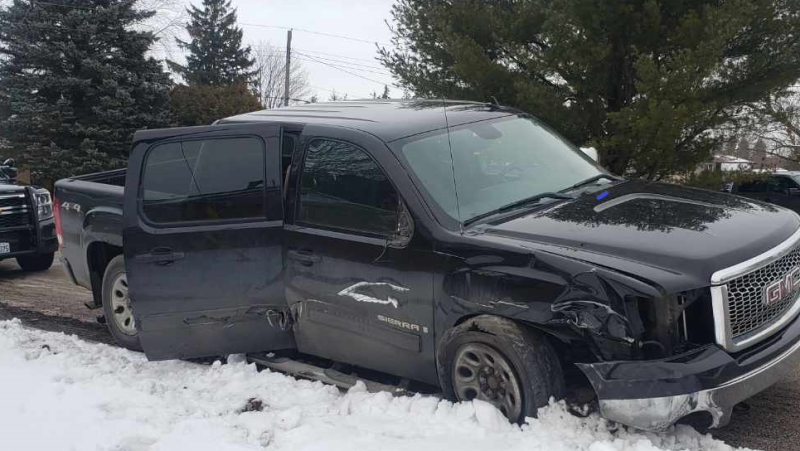 The suspect's pickup truck left heavily damaged from the collision on the 401 on Monday, Jan. 4, 2021. (Courtesy OPP)