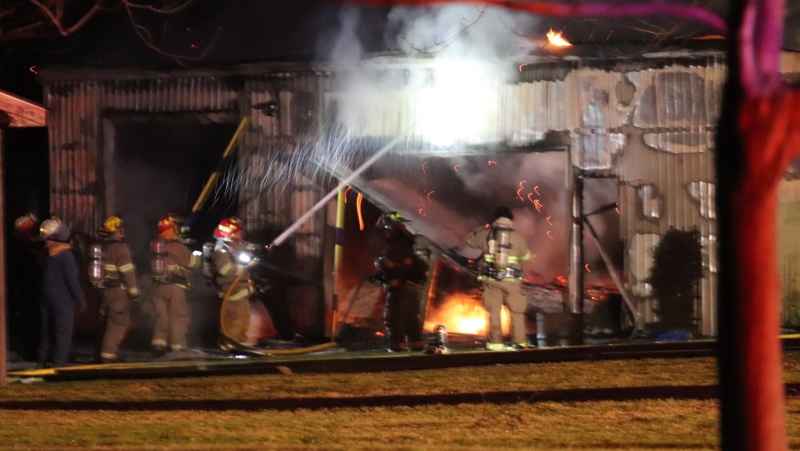 Lakeshore fire crews battle a barn fire on County Road 27 in Lakeshore, Ont. on Monday, Jan. 4, 2020. (courtesy OnLocation/Twitter)