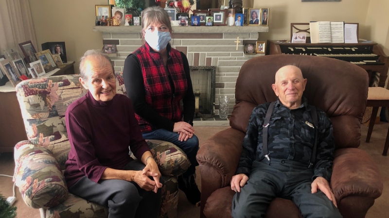 Pictured: Ann Sopuch (L), Shelley Wilson,  PSW (C), Paul Sopuch (R), in Bradford, Ont., on Wed., Jan. 6, 2021. (Madison Erhardt/CTV News)