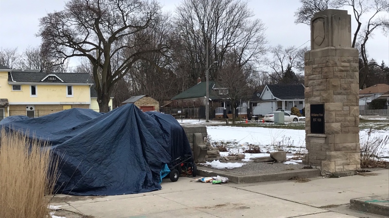 A homeless encampment at McMahen Park in London, Ont. is seen on Thursday, Jan. 7, 2020. (Sean Irvine / CTV News)