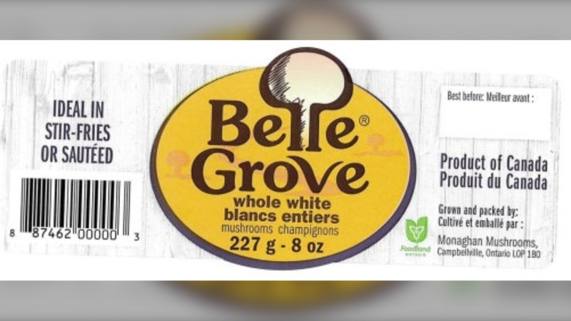 The Canadian Food Inspection Agency says Belle Grove brand Whole White Mushrooms, sold in Ontario in 227 gram packages with a best before date of Jan. 15, 2021, may be contaminated with the bacteria that causes botulism. (Image supplied by the Canadian Food Inspection Agency)

