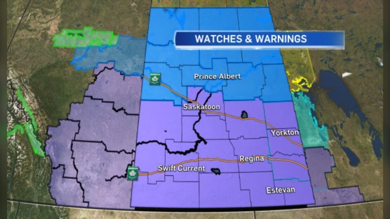 Watches and warnings in effect in Saskatchewan on Jan. 13, as of 3 p.m. A wind warning (purple) is in effect in southern Saskatchewan while a winter storm warning (blue) is in effect throughout the central part of the province. 