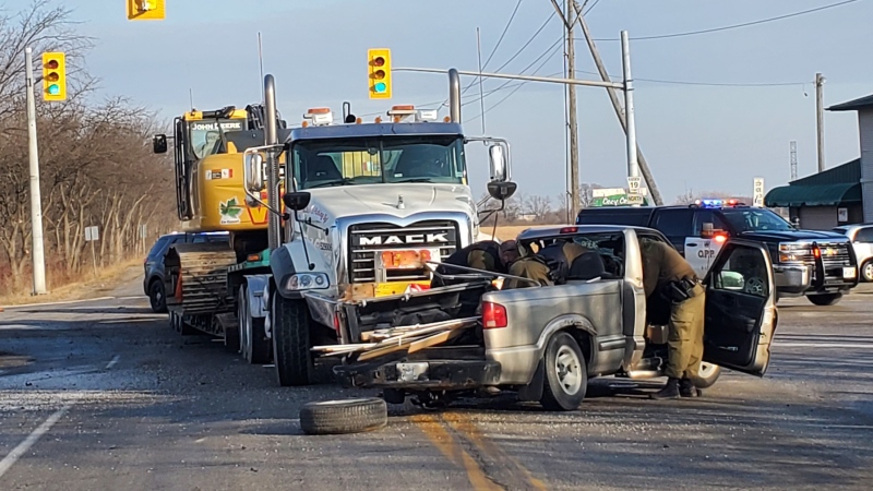 Essex County OPP were called to the two-vehicle crash at County Road 34 and Manning Road on Thursday, Jan. 14, 2021. (Courtesy OPP)