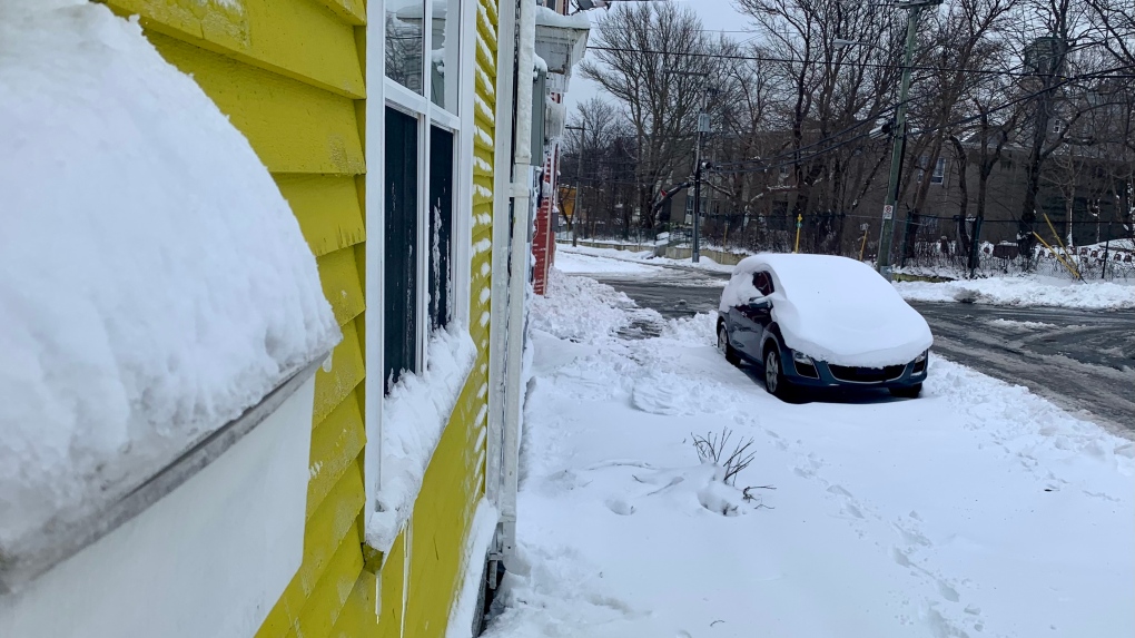 Snow covers a sidewalks and cars in St. John's