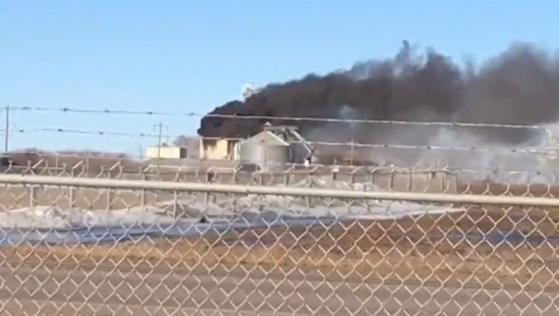 A grain elevator, near Brooks, Alta., caught fire Wednesday afternoon. (Supplied/Mike St. Onge)