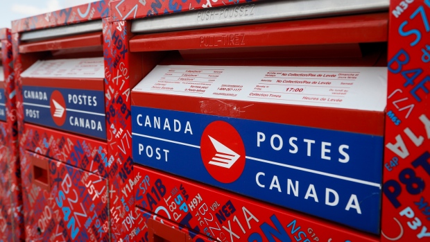 Mail boxes are seen at Canada Post's main plant in Calgary, Alta., Saturday, May 9, 2020, amid a worldwide COVID-19 pandemic. THE CANADIAN PRESS/Jeff 