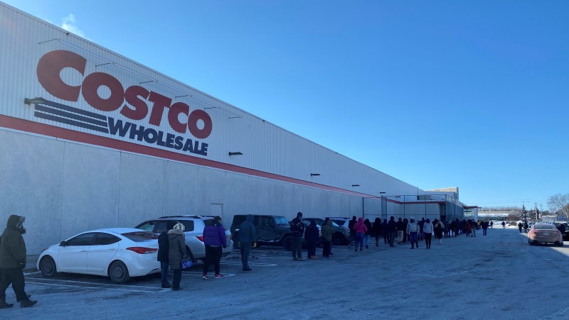 Customers brave cold temperatures to wait in line outside the Costco on Merivale Road on Saturday, Jan. 23. (Jeremie Charron/CTV News Ottawa)
