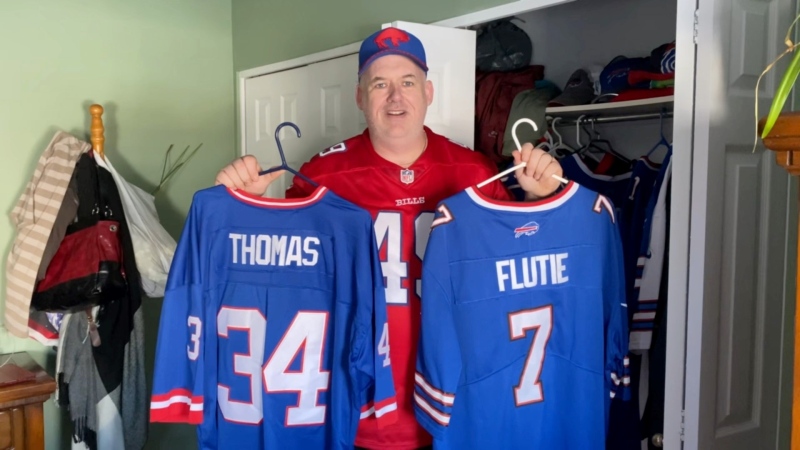 Brad Payment of Ottawa trying to decide which Bills jersey to wear for Sunday's AFC Championship Game. (Dave Charbonneau/CTV News Ottawa)