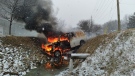 A white van went into the ditch and caught on fire on County Road 31 in Kingsville, Ont., on Sunday, Jan. 24, 2021.( Courtesy OPP) 