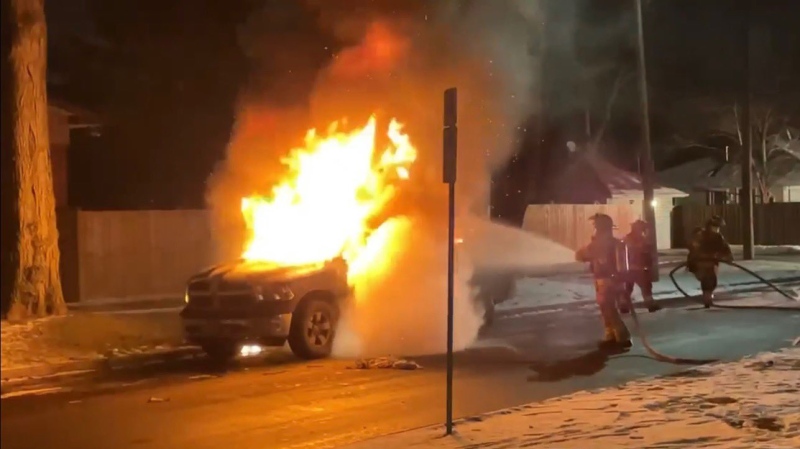 Firefighters put out blaze in Dodge Ram in Windsor. Ont., on Monday, Jan. 26, 2021. (Courtesy _OnLocation_ / Twitter)