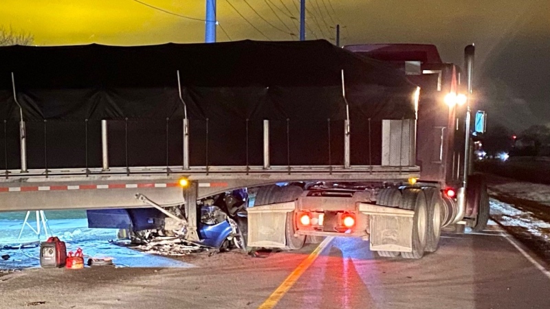 A two-vehicle collision on County Road 18 between Highway 77 and Morse Road in Leamington, Ont., on Wednesday, Jan. 27, 2021. (Courtesy OPP)