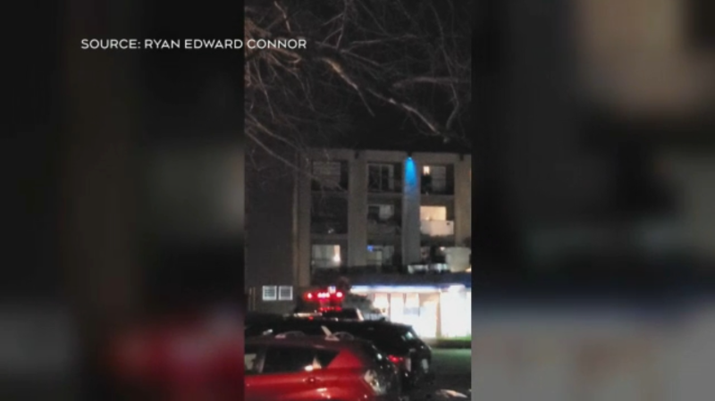 Video of the incident at the former Travelodge on Gorge Road East shows a man shouting expletives from a balcony on the building's top floor. (Ryan Edward Connor)