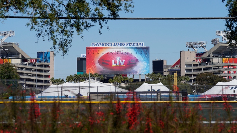 Raymond James Stadium, the site of Super Bowl LV, is shown Thursday, Jan. 28, 2021, in Tampa, Fla. The Tampa Bay Buccaneers play the Kansas City Chiefs on Feb. 7. (AP Photo/Chris O'Meara)