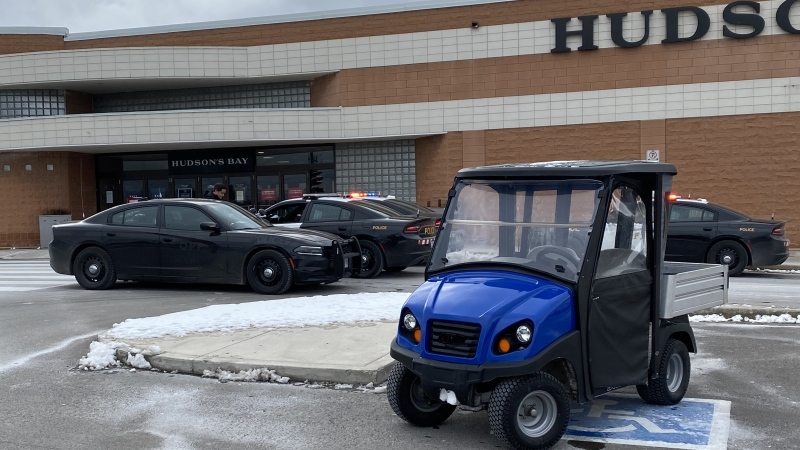 A stolen golf cart is seen outside of a mall in Burlington. (Andrew Collins)