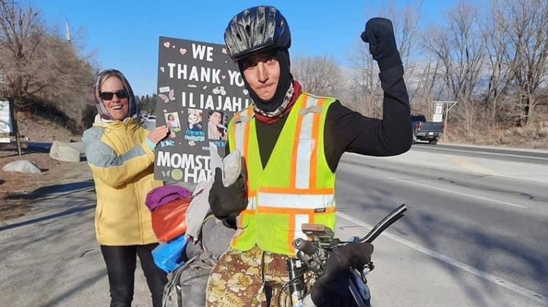 Iliajah Pidskalny, a Saskatoon cyclist who is raising money and awareness for homelessness and the opioid drug crisis, has made it to his destination in Vancouver. (Cycle to Stop the Harm/Facebook)
