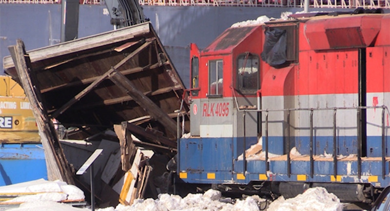 Damage is seen in Goderich, Ont. on Tuesday, Feb. 2, 2021, the day after a train derailment. (Scott Miller / CTV News)