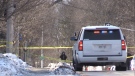 A portion of Stanley Street is blocked off as police investigate a death in London, Ont. on Wednesday, Feb. 3, 2021. (Daryl Newcombe / CTV News)