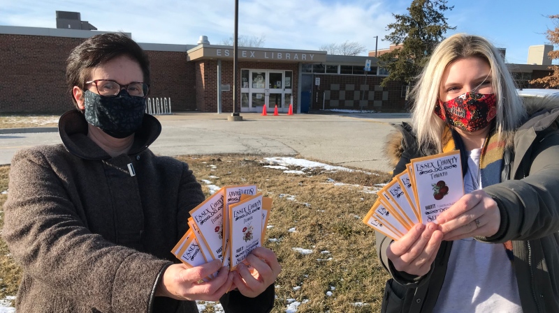 Manuela Denes, Essex County Library community services coordinator (left) and Caitlin Luno-Gilligan library donor (right) in Essex, Ont. on Wednesday, Feb. 3, 2020. (Michelle Maluske/CTV Windsor)
