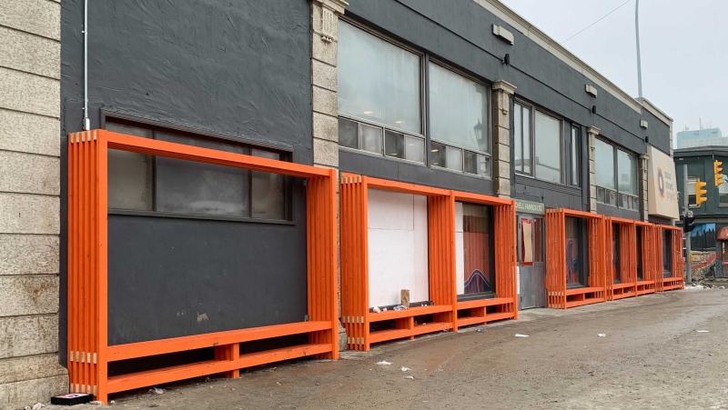 Along the outside of the Main Street Project building at the corner of Main Street and Logan Avenue are the new structures called seating portals. (Source: Jamie Dowsett/ CTV News Winnipeg)
